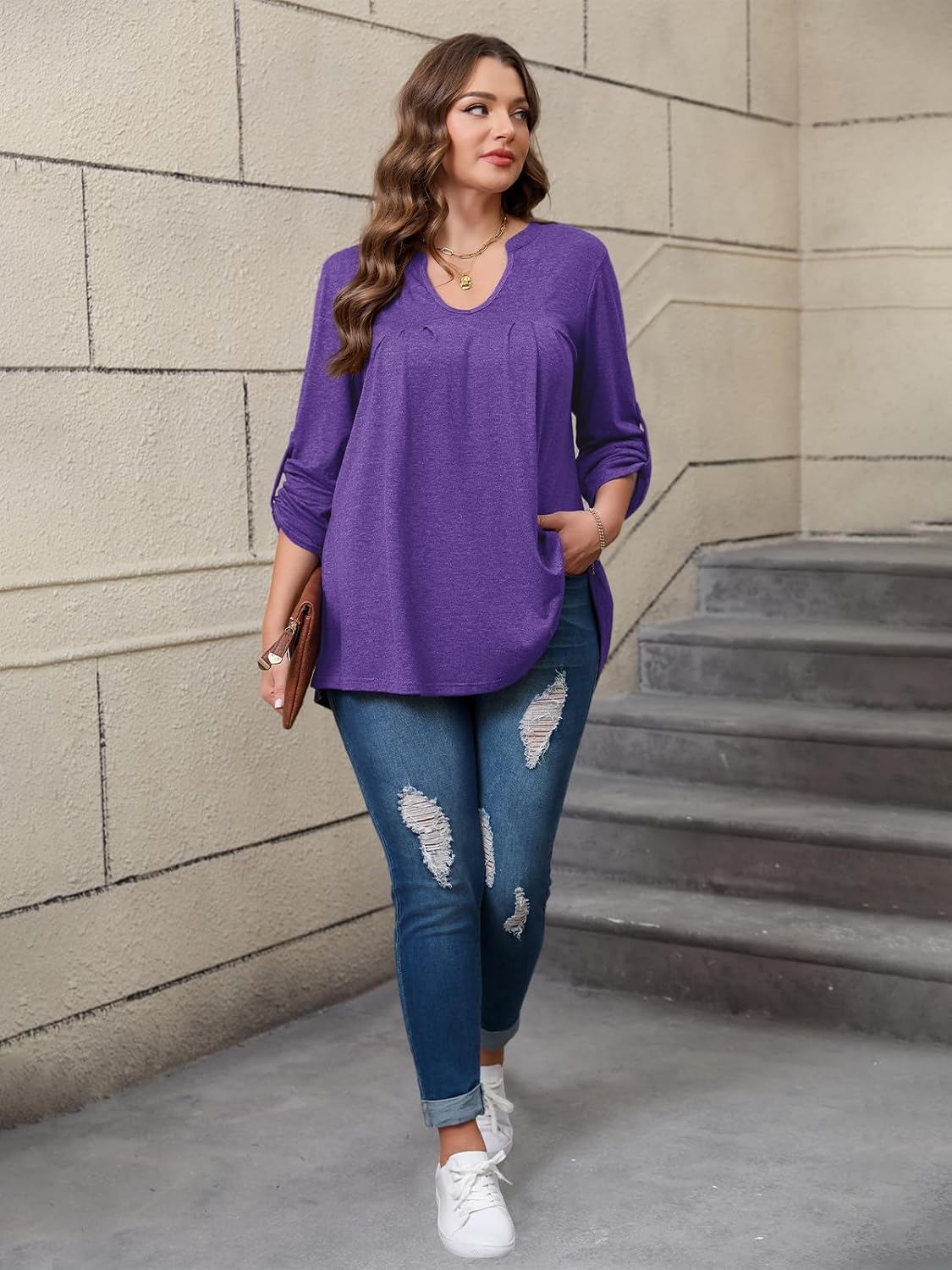 Women's Plus Size Tops V Neck Roll Up 3/4 Sleeve Tunic Pleated Casual Shirts Trendy Dressy Flowy Going Out Blouse - Image 2