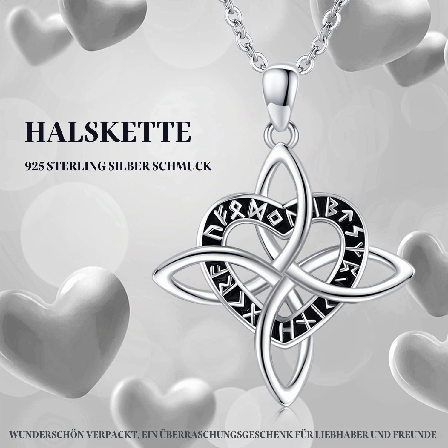 TwoAnts Wikinger Kette 925 Sterling Silber Herz/Hexenknoten/Unendlichkeit Anhänger für Keltische Halskette Norse Rune Kette Wikinger Schmuck Amulett Geschenke für Frauen Männer
