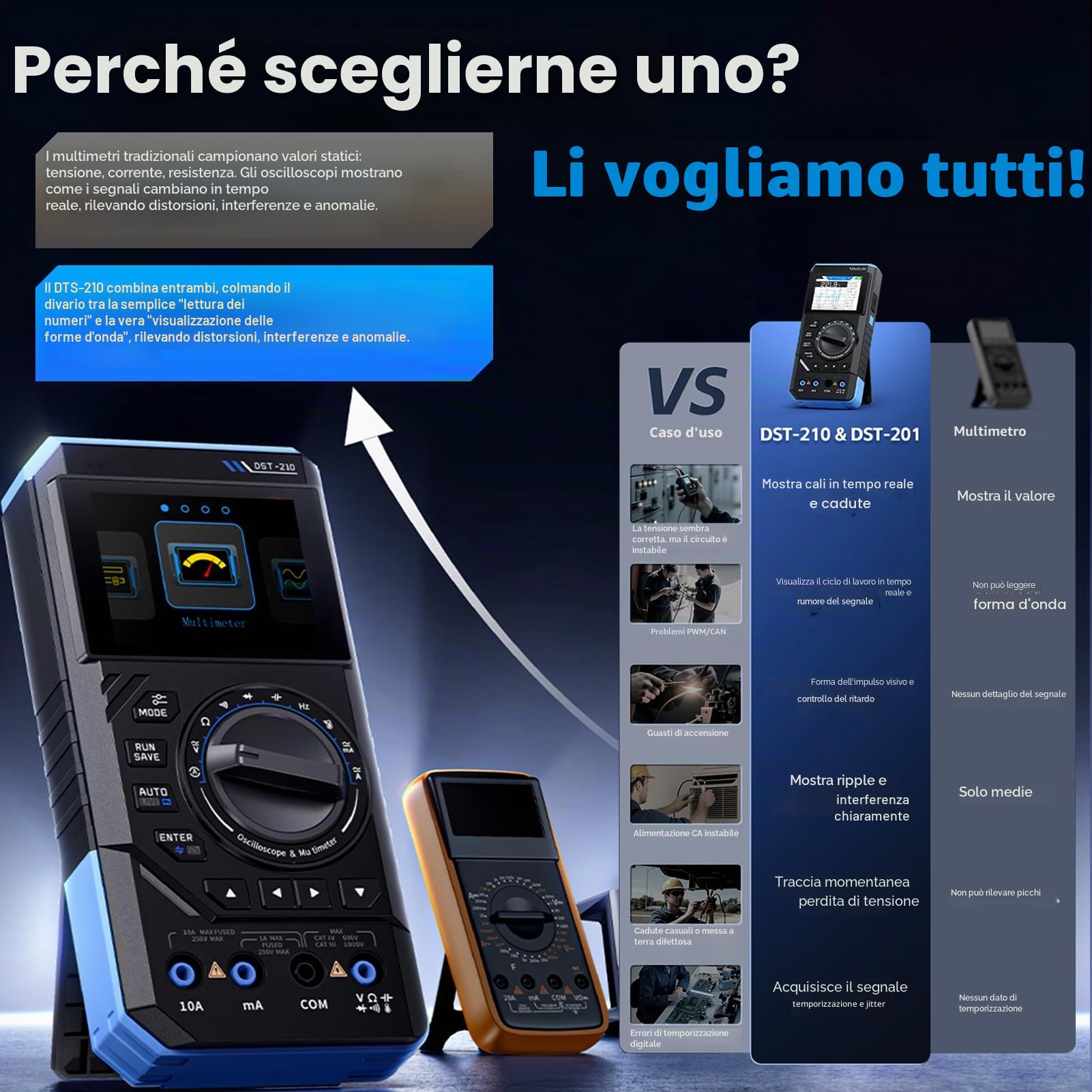DST-210 Oscilloscopio Portatile Multimetro Digitale Generatore di Segnali 3 in 1 Multimetro Tester Elettricista 19999 Conteggi Testa Tensione CA/CC, Corrente, Capacità, Resistenza e Diodi