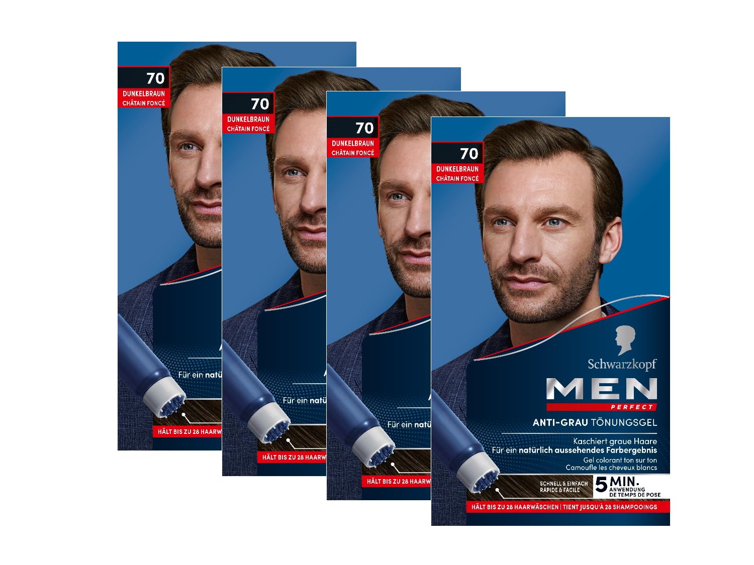 Men Perfect Gel anti-grigio tinta 70 marrone scuro (4 x 80 ml), colore per capelli da uomo dissolve i capelli grigi, tinta anti-grigia per un risultato naturale