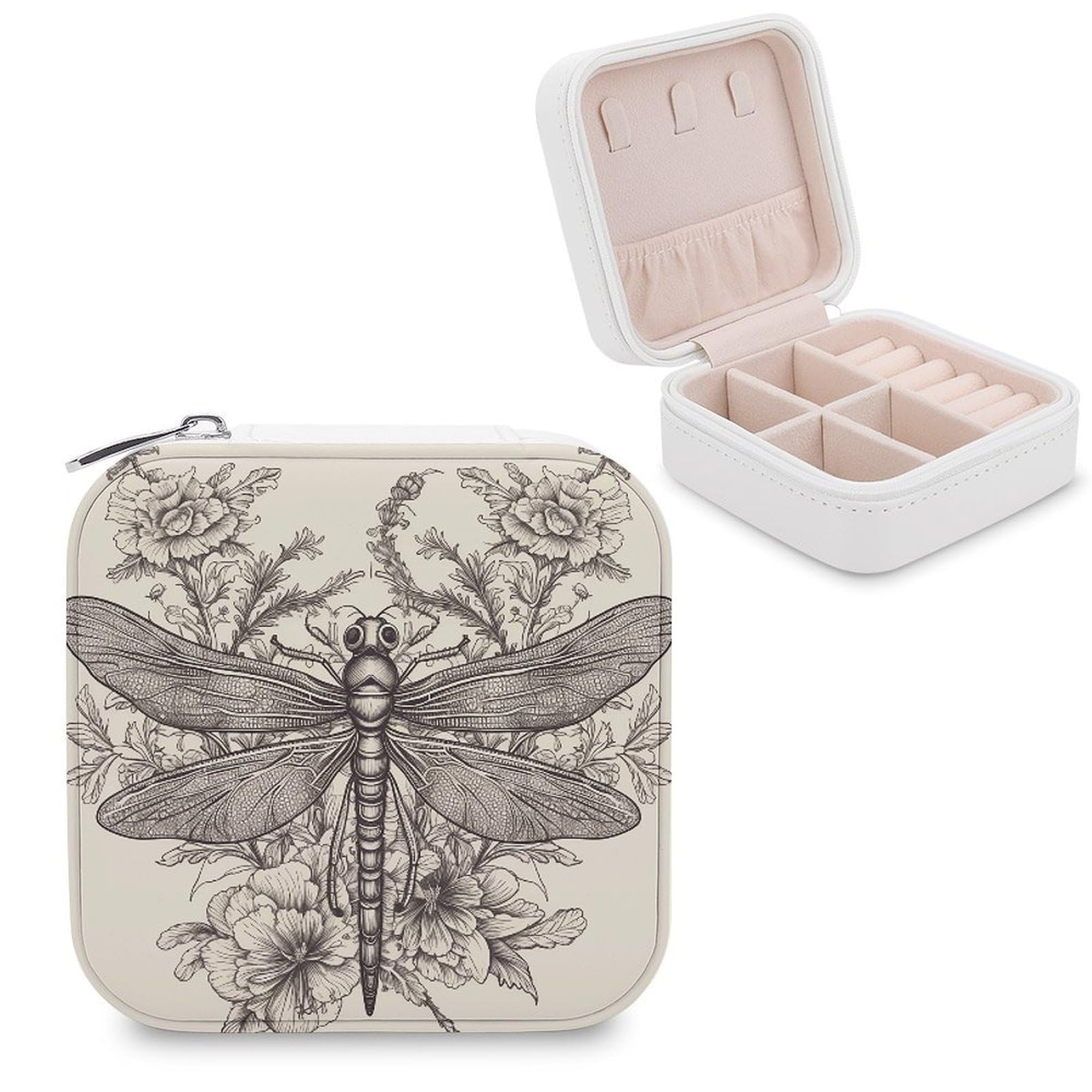 VstaDank Hand Drawn Floral Dragonfly Jewelry Box for Women Custom Travel Jewelry Case Personalized Travel Jewelry Boxes Small Portable Jewelry Organizer Box for Rings Necklaces Bracelets Earring