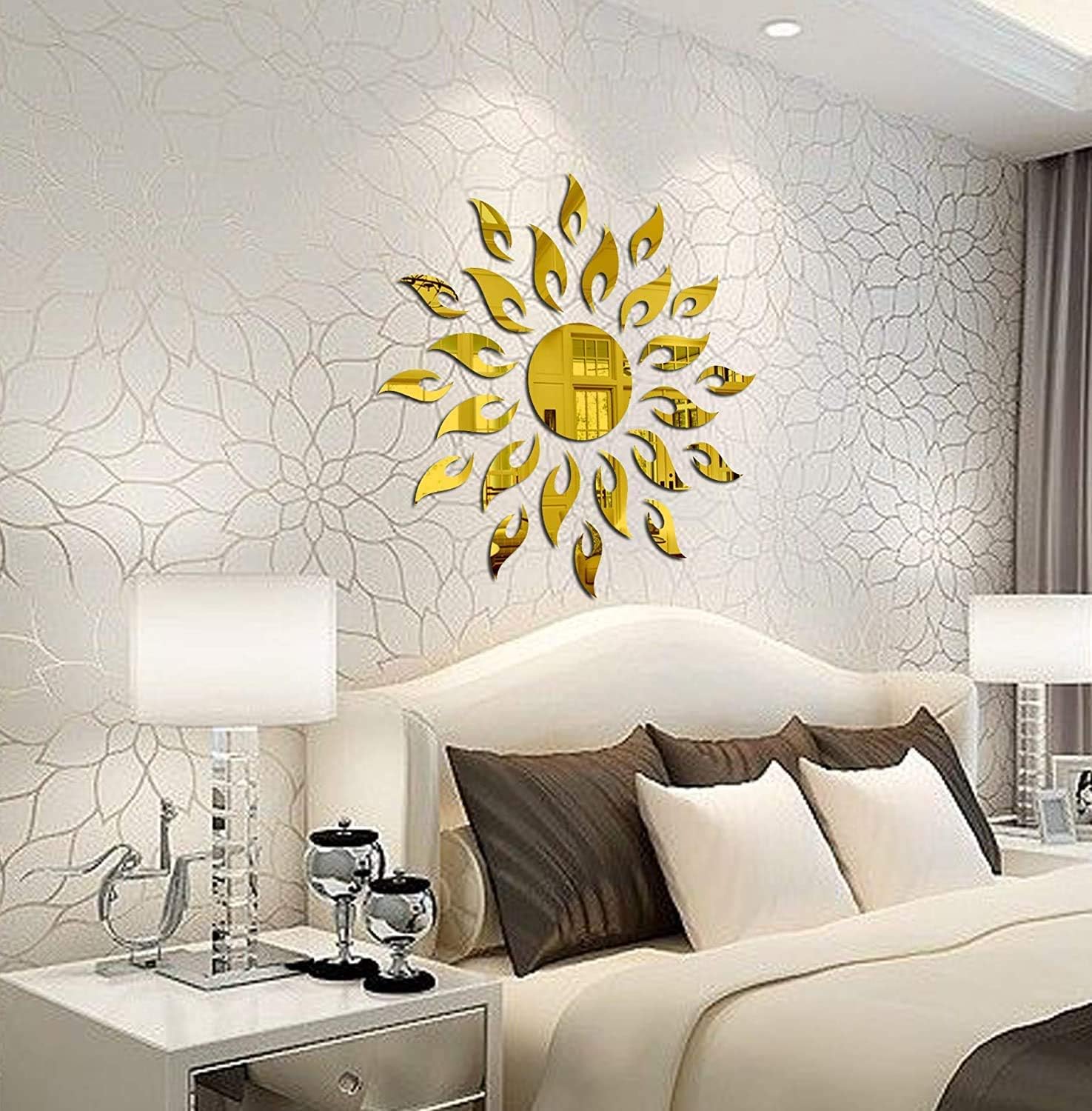 Sun Wall Stickers for Home Sun Mirror Wall Decor Sticker 3D Wall Stickers for Home Decoration | Sun Flames Acrylic Mirror Sticker Size 45x45Cm Sun Wall Mirror Sticker for Living Room (Gold)
