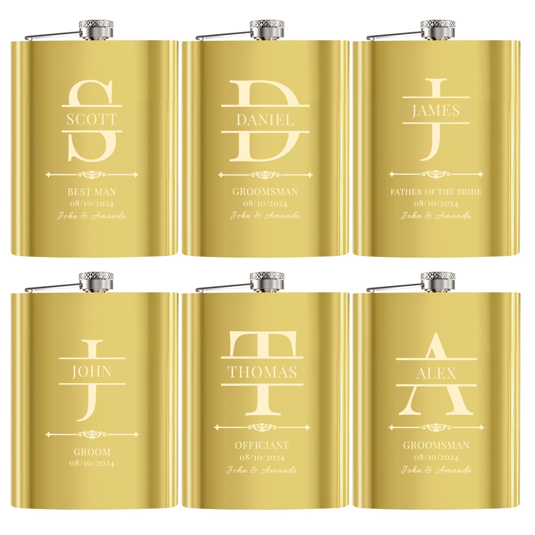 6 Pieces Personalised Hip Flasks for Groomsmen Gifts, 8oz Engraved Alcohol Flasks for Wedding, Customised Whisky Hip Flask for Bachelor Stag Party, Father of The Bride Gifts (Gold)