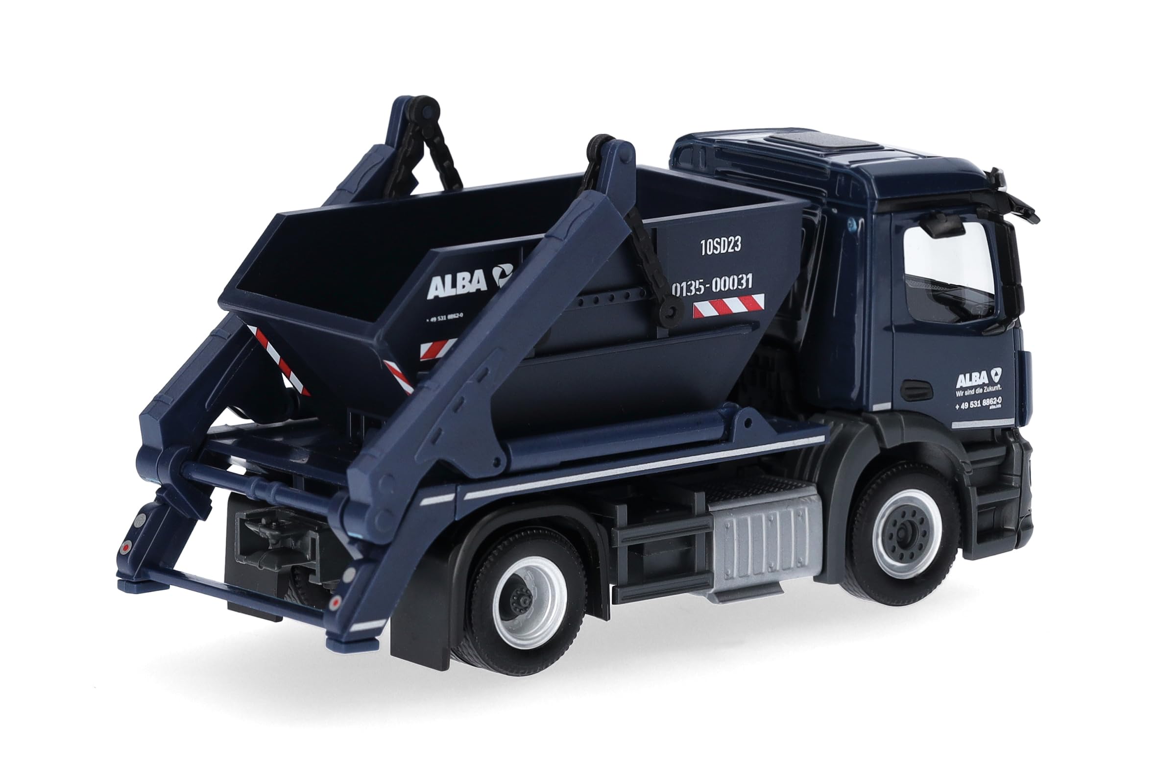 Herpa model ciężarówki Mercedes-Benz Actros S wywrotka hakowa AK12 „ALBA”, miniatura w skali 1:87, model kolekcjonerski, Made in Germany, tworzywo sztuczne