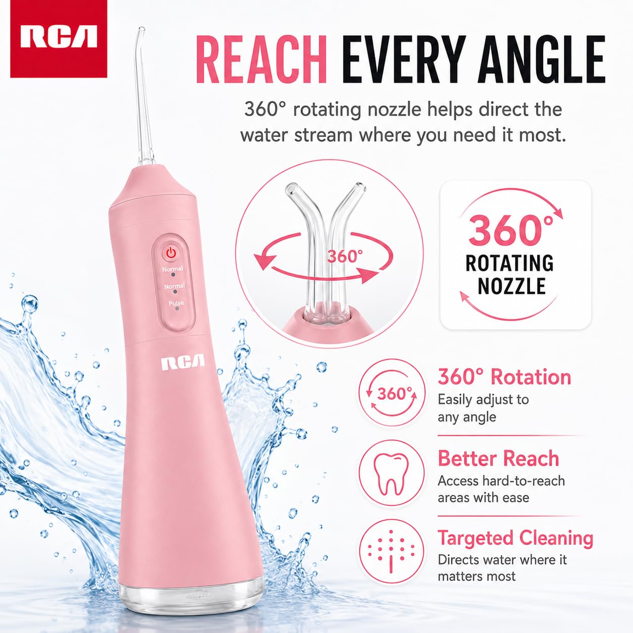 RCA Idropulsore portatile ricaricabile senza fili, filo interdentale elettrico per denti con ugello rotante a 360°, 3 modalità di pressione, serbatoio dell'acqua da 330 ml, filo interdentale