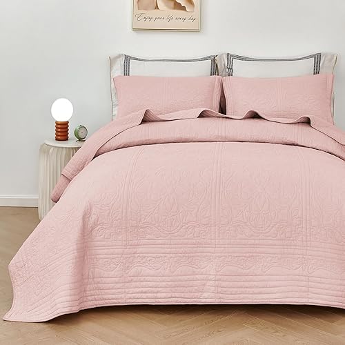 WINLIFE Juego de edredón de tamaño King, color rosa rubor, colcha de gran tamaño, colcha ligera de algodón suave para todas las estaciones, 3 piezas