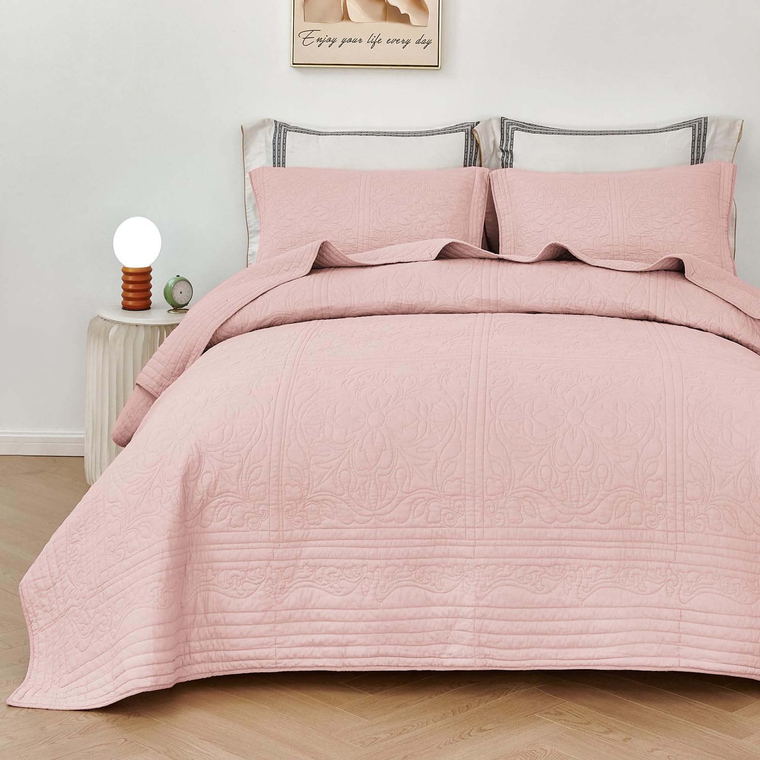 WINLIFE Quilt Set King Size Blush Pink Oversized Bedspread Soft