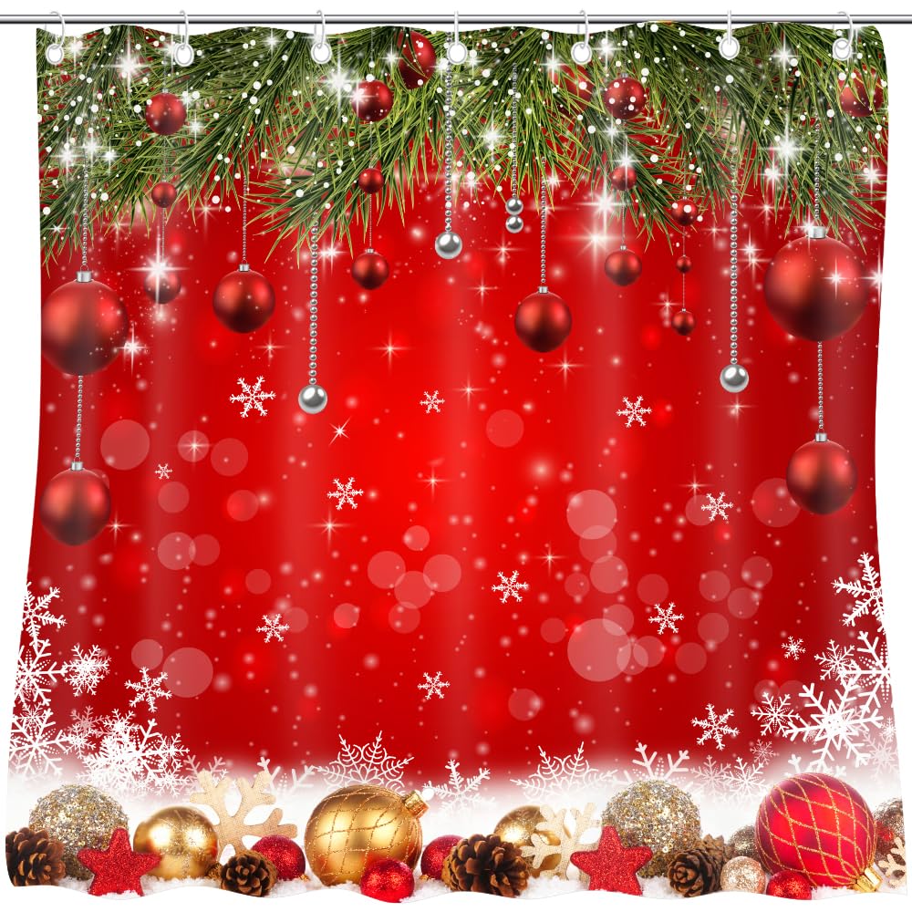 CapiSco Red Christmas Happy New Year Shower Curtains for Bathroom Winter Holiday Festival Xmas Ball Snowflake Bathroom Decor Water Resistant Curtain