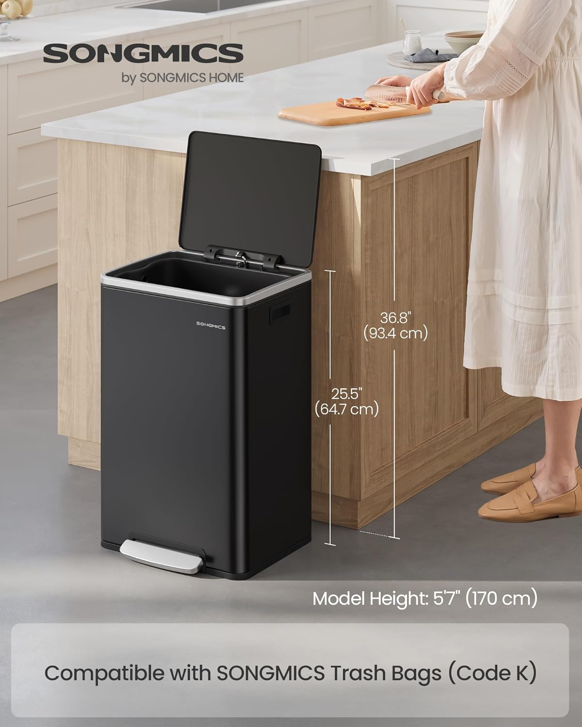 SONGMICS Trash Can, 13-Gallon Gabbage Can, with 15 Trash Bags, Steel, with Soft-Close Lid, Removable Inner Bucket, Handles, Ink Black ULTB595B01V1 - Image 2