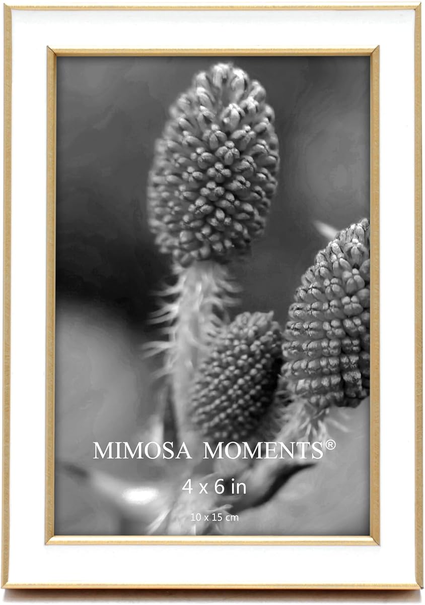 4x6 Brass tone with White Enamel Picture Frame | 4x6 Photo Frame, Enamel Accent with Metallic Trim, Recycled Polystyrene, Real Glass,Tabletop Display, Elegant Home Decor Gift