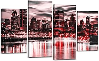 Boston Cityscape Red and Black Wall Art USA Pictures Canvas Print for Living Room Boston Night Scene Poster Office Paninting City Skyscraper Panoramic Wall Decor Modern Artwork Bedroom Home Decoration