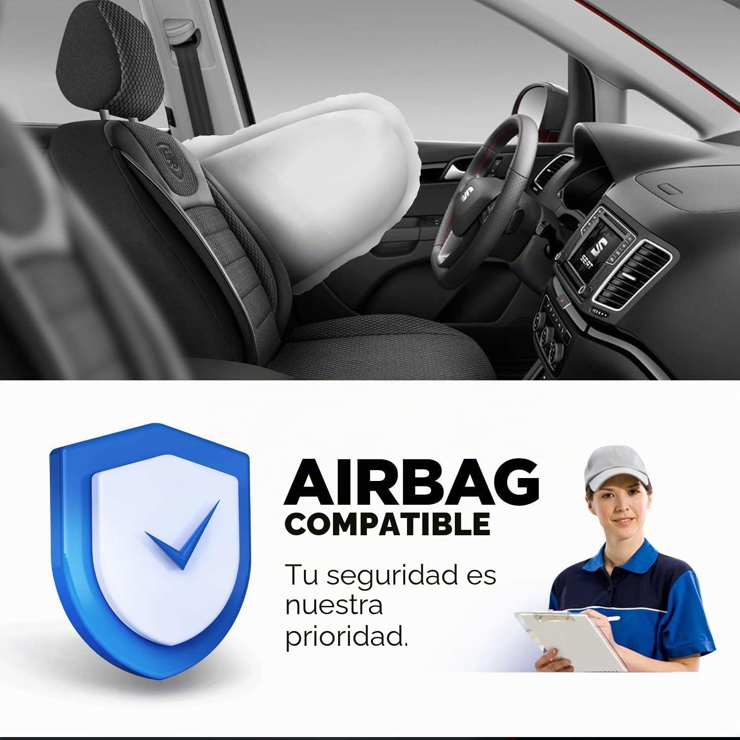 Fundas de asiento de coche universales para coches y SUV – Premium asientos delanteros de coche de tejido negro, compatible con airbag, funda para asiento delantero, incluye kit de