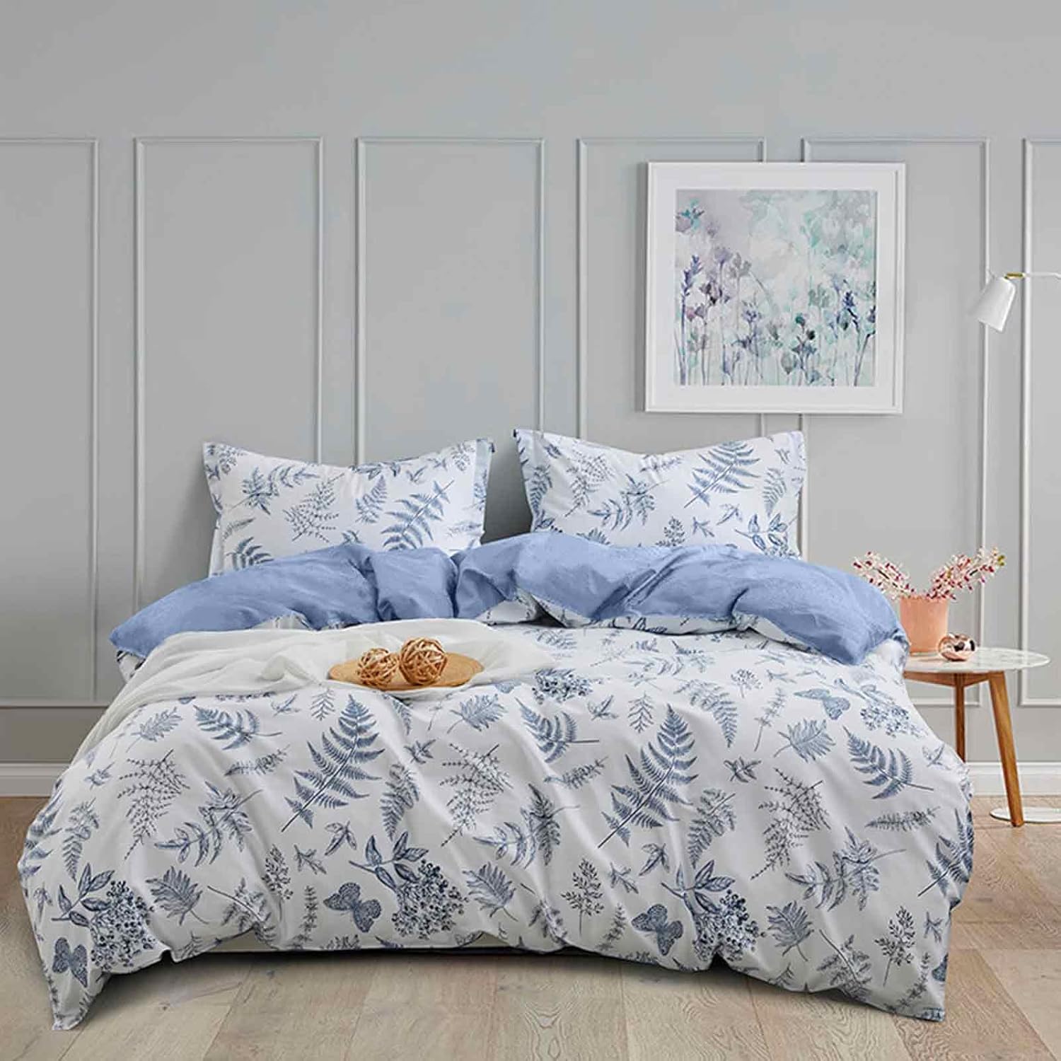 White Blue Floral Queen Size Duvet Cover, Soft Botanical Flower Leaf Patterned Reversible Quilt Cover Set, 1 Farmhouse Plants Printed Duvet Cover with Zipper and 2 Pillowcases for Women Men - Image 2