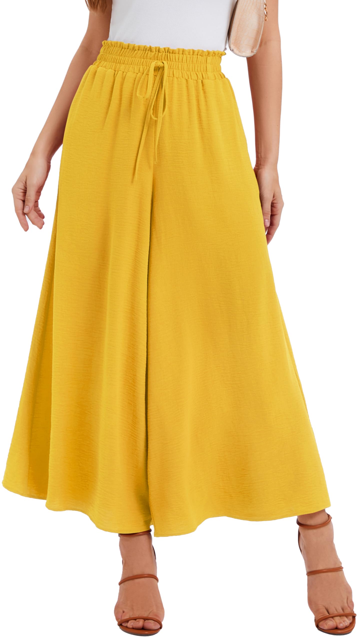 WUWUSKY Sommerhose Damen Leicht Lässige Palazzo Hose Elegant High Waist Baggy Freizeithose mit 2 Taschen,Hellgelb,M
