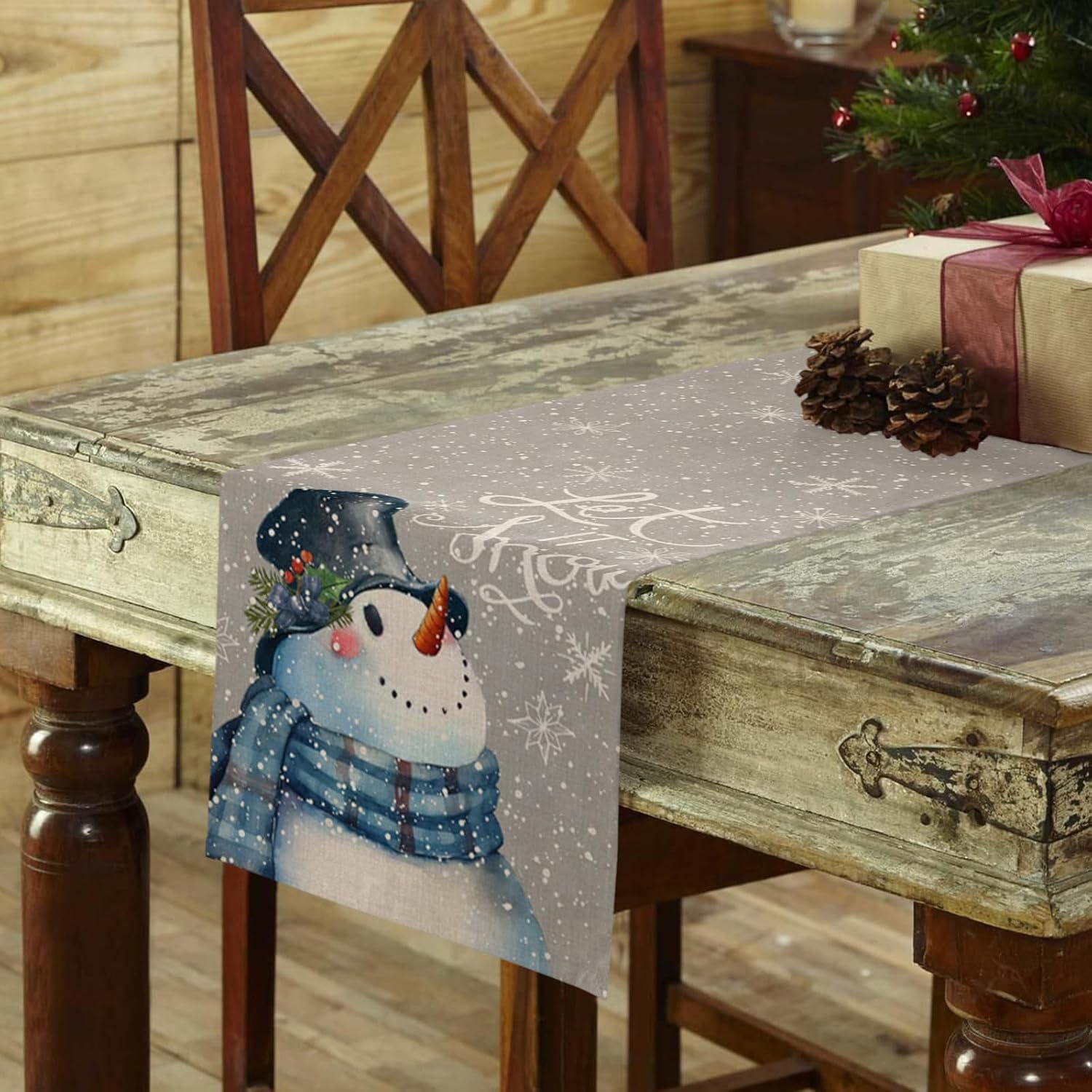 Christmas Table Runner, Grey Snowman Let It Snow Winter Table Runner 108 Inches Long Seasonal Christmas Holiday Table Decoration for Indoor Outdoor Party, 13 x 108 Inch