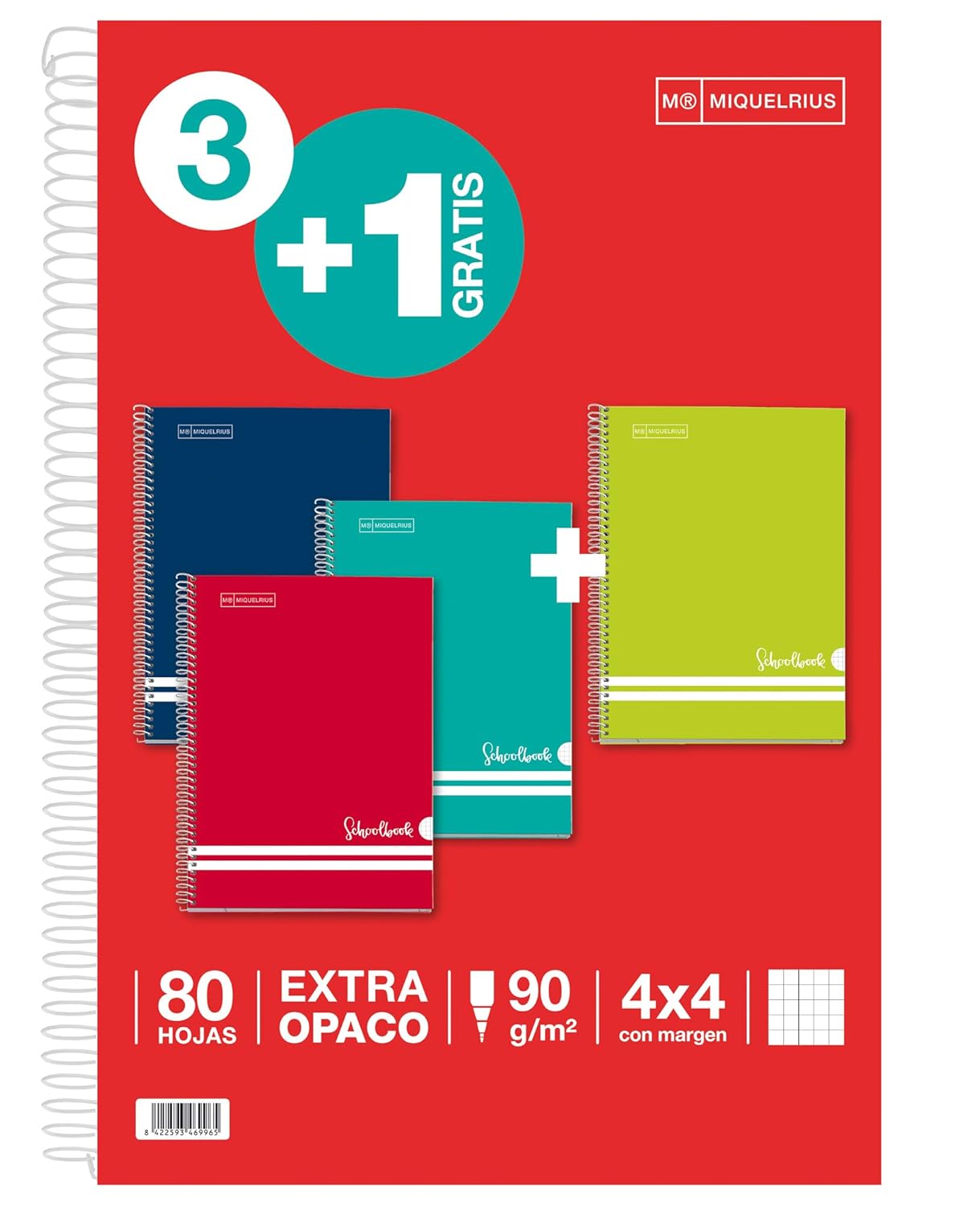 Miquelrius – Pack A4 Squared 3+1 – Spiral, Lined Cardboard Cover, Size 215 x 310 mm, 80 Sheets 90 g/m2, 4 mm Grid, Pastel Colours