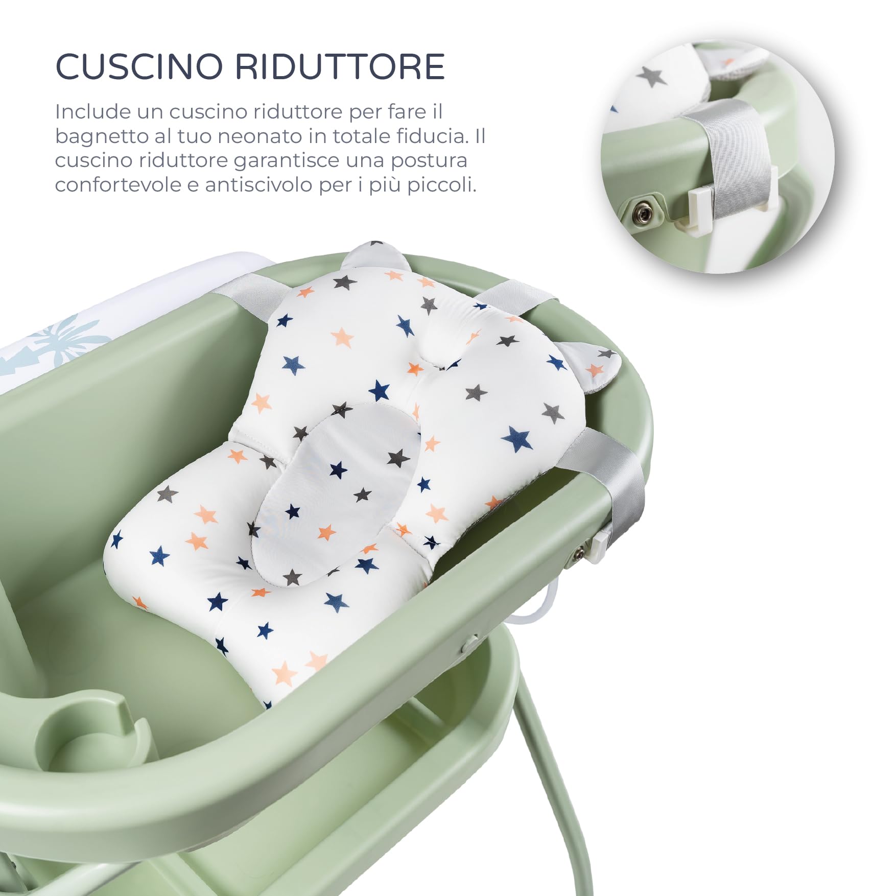 MS BabyWorld – BUBBLE + CUSCINO RIDUTTORE – Vaschetta Bagnetto Ergonomica con Supporto | Fasciatoio Impermeabile Imbottito | Chiusura Compatta | Organizzatore | 4 Ruote con Freni