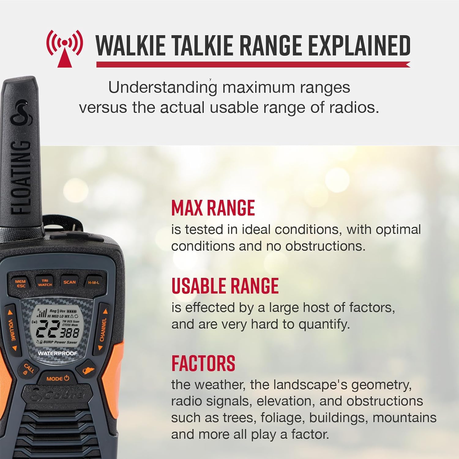 Diagram explaining maximum versus usable range for walkie-talkies.