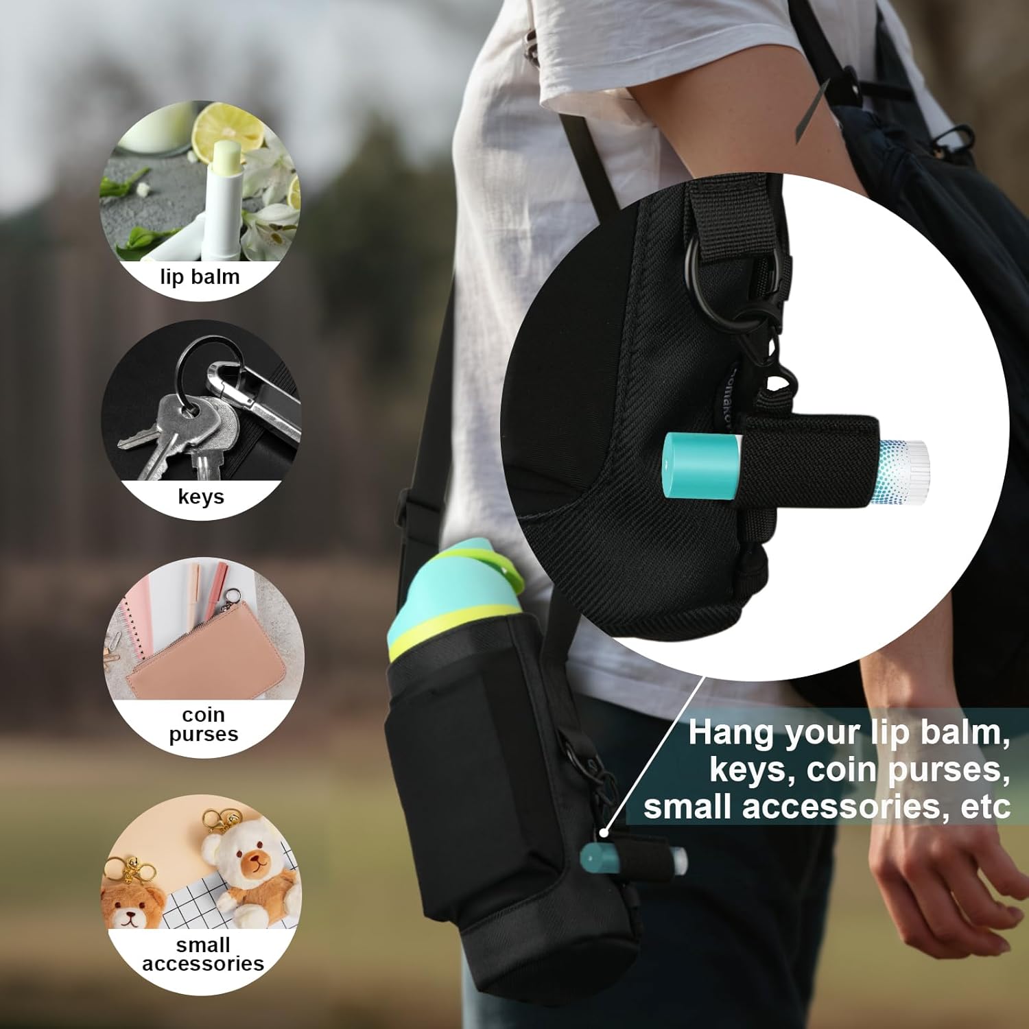 Water Bottle Carrier Bag Compatible with Owala FreeSip Water Bottle, Universal Bottle Holder Carrier Sling Sleeve with Adjustable Strap & Chapsticks Holder, Fit for A Variety of Owala Bottle, 24-40 oz - Image 4