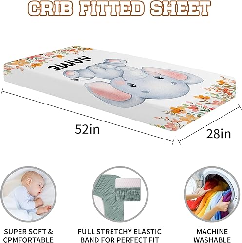 Miniatura 5 de Juego de ropa de cama personalizada para bebés y niñas, paquete de 2 sábanas portátiles para cuna de elefante con nombre, juego de ropa de cama