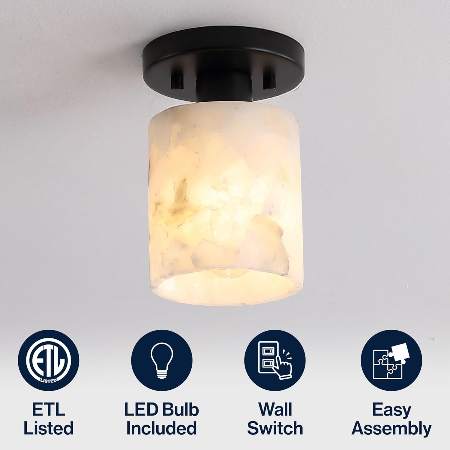 JONATHAN Y 5.13" White 1-Light Marbling/Black Modern LED Semi Flush Mount Ceiling Light, White Marbled Alabaster Cylinder Shade, Minimalist Fixture for Hallway, Bedroom, Bathroom, Closet (JYL1206B)