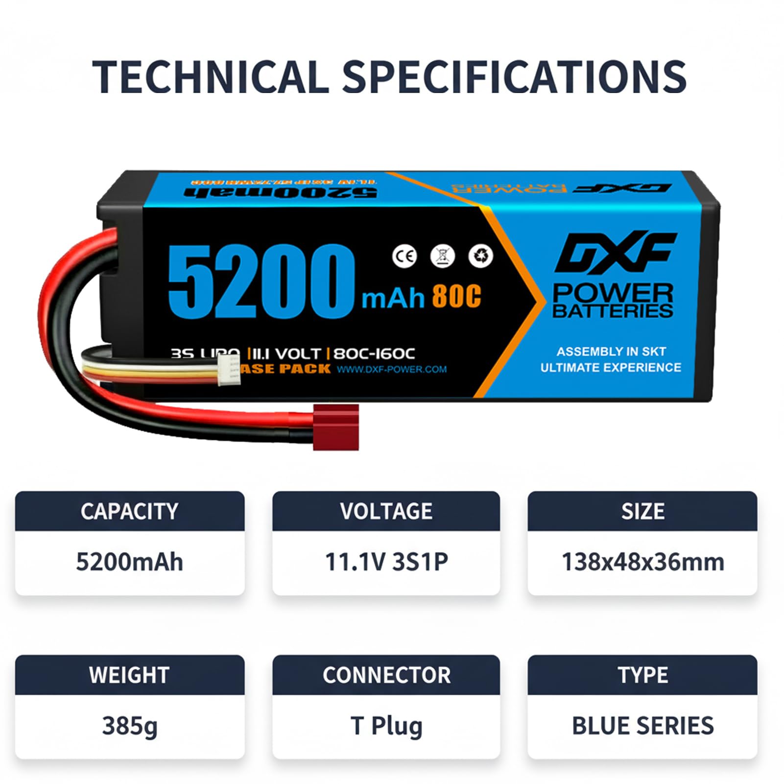 DXF Batteria LiPo 3S di alta qualità, 5200 mAh, 11,1 V, 80 C, per auto RC, barca, camion, modelli da corsa, confezione da 2