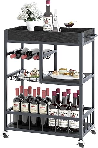 Miniatura 12 de Carro de bar con cesta de 3 niveles, carrito de vino móvil para el hogar con ruedas, carrito de servicio de cocina industrial estilo vintage,
