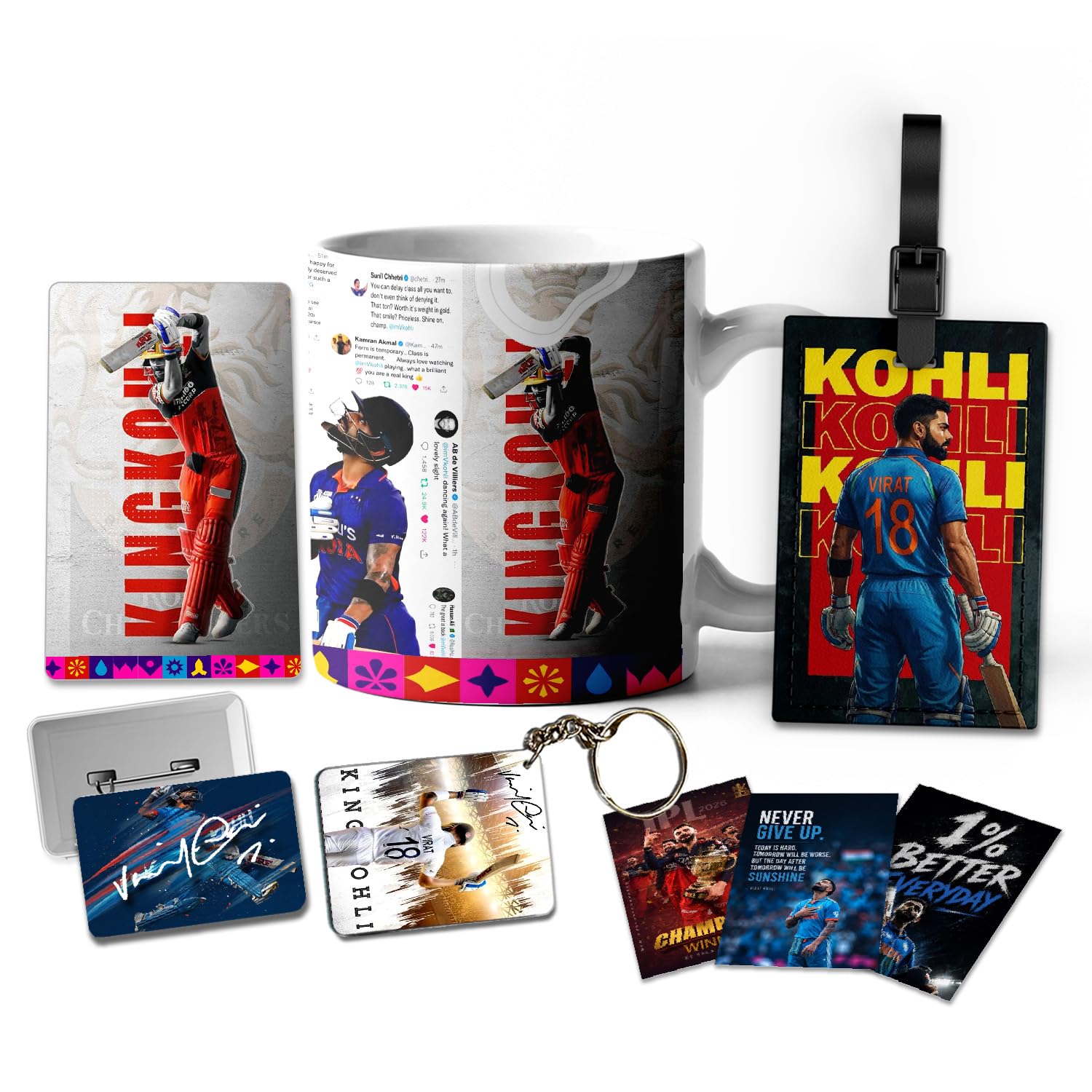 Morons Aesthetic Gift Box Hamper for Cricket Fans - King 18 Themed Hamper - Mug + Bag Tag + Keychain + Badge + Photo Card + Stickers - Gift for Cricket Lovers, Boys, Birthday, Return Gift - Set of 6-image-8