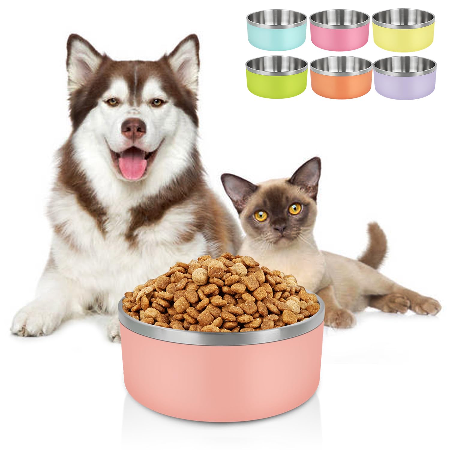 LIHONG Dog Bowls,Stainless Steel Dog Bowls for Large Dogs,Dog Food Water Bowls with Non Slip Rubber Bottom,Pet Feeding Bowl,Double Wall Insulated,Rustproof(64oz,Peach)