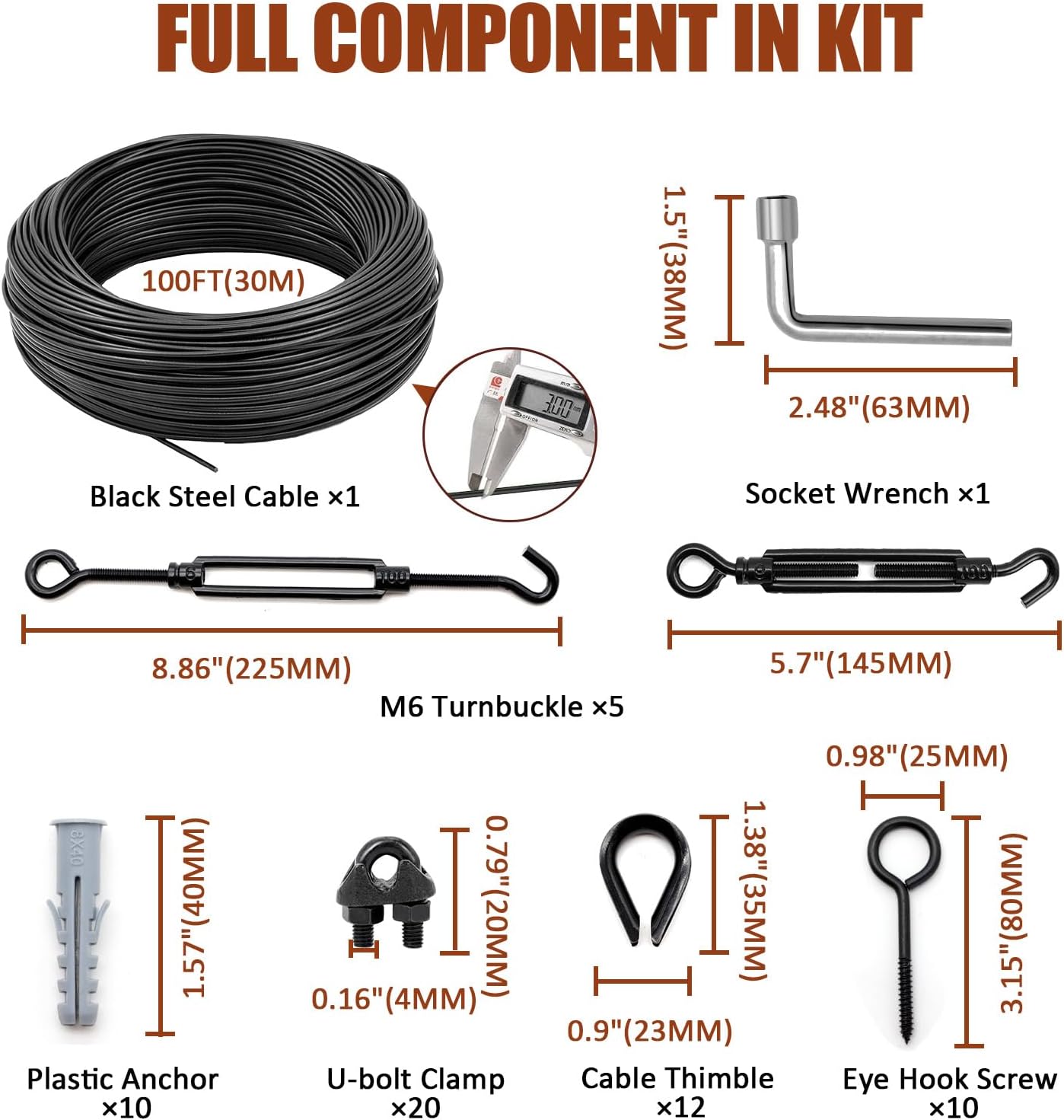 String Light Hanging Kit Outdoor, Full Black String Light Wire Hanging Kit Includ 100FT PVC Coated Steel Cable w/Enough Accessories, Guide Wire for Outdoor String Lights, Patio Lights