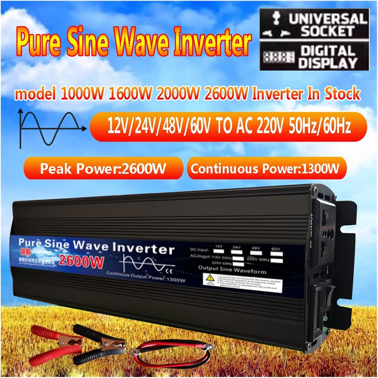 Pure Sine Wave Inverter 12V 24V 48V 220V 1000w 2000w 2600W Power Solar Inverter DC12V to AC 220V Converter Voltage LED Display(2600W,12V_220V 50HZ_Universal)