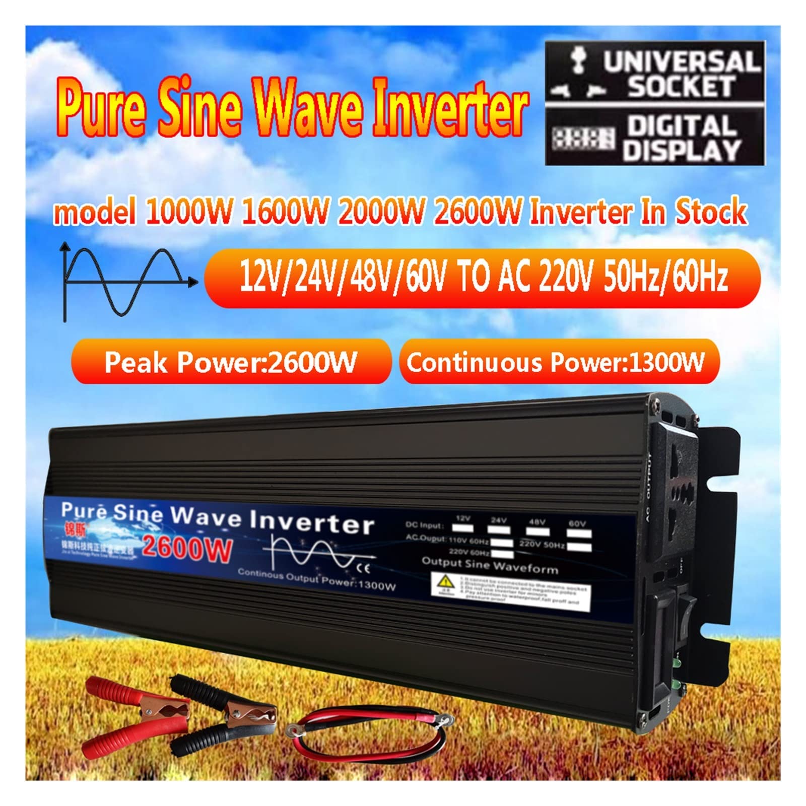 Inversor de Onda sinusoidal Pura 12V 24V 48V 220V 1000w 2000w 2600W inversor de energía Solar DC12V a AC 220V convertidor Voltaje Pantalla LED(1000W,60V-220V 50HZ-Universal)