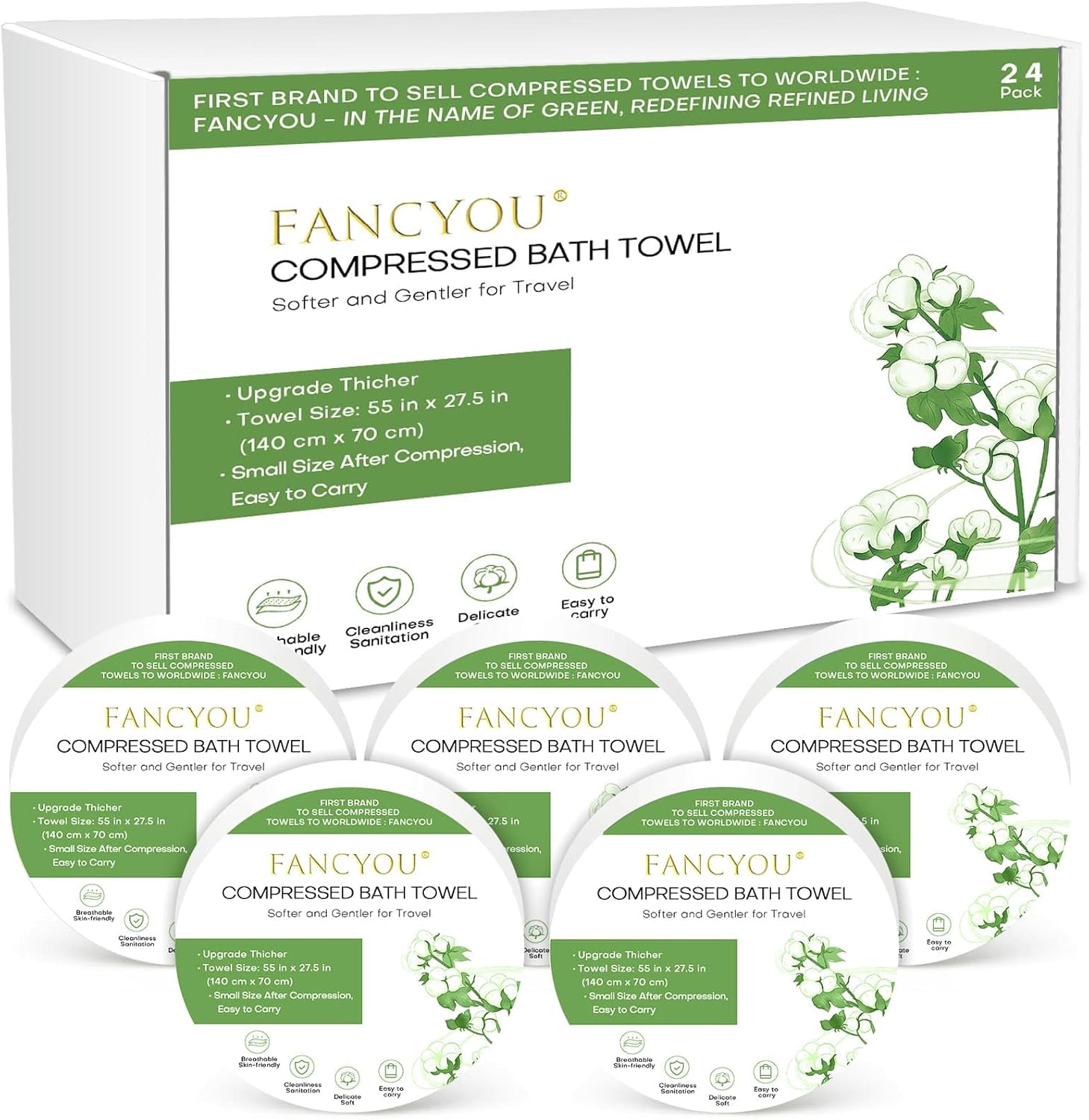 Disposable Bath Towels Compressed Towel, 55''X27.5'' Large Thicken Travel Towel Disposable Camping Shower Body Towels for Hotel Beach Swimming Pet Towels (24 Pack Green)