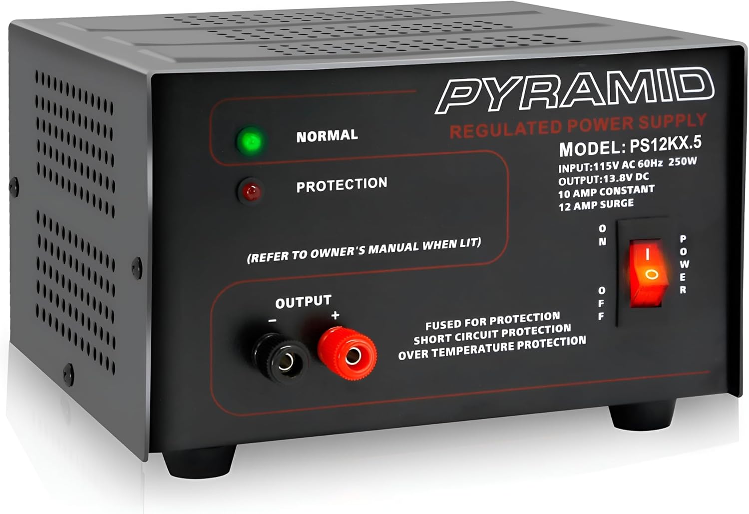 Pyramid Universal Compact Bench Power Supply - 10 Amp Linear Regulated Home Lab Benchtop AC-to-DC 12V Converter w/ 13.8 Volt DC 115V AC 250 Watt Input, Screw Type Terminals, Cooling Fan, LED