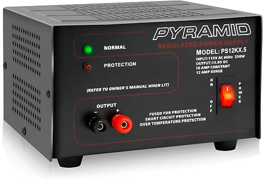Pyramid Universal Compact Bench Power Supply - 10 Amp Linear Regulated Home Lab Benchtop AC-to-DC 12V Converter w/ 13.8 Volt DC 115V AC 250 Watt Input, Screw Type Terminals, Cooling Fan, LED