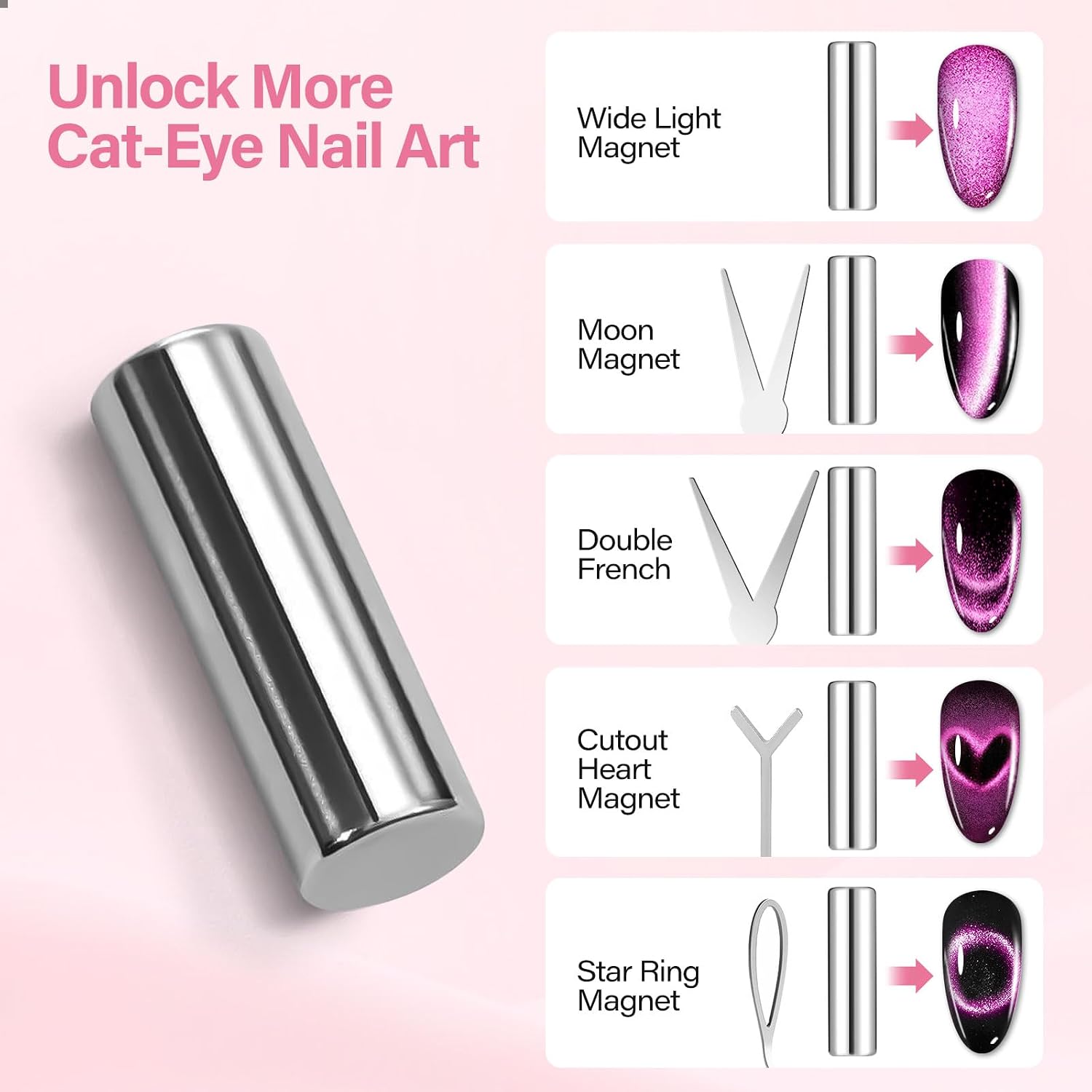 EBANKU Cat Eye Magnet Set for Nails, 3 in 1 Cylinder Cat Eye Magnet with Ball Magnets, Bead Heart Cat Eye Magnets Tool, French & Black Hole Nail Magnet Guides for Cat-Eye Nail Effect