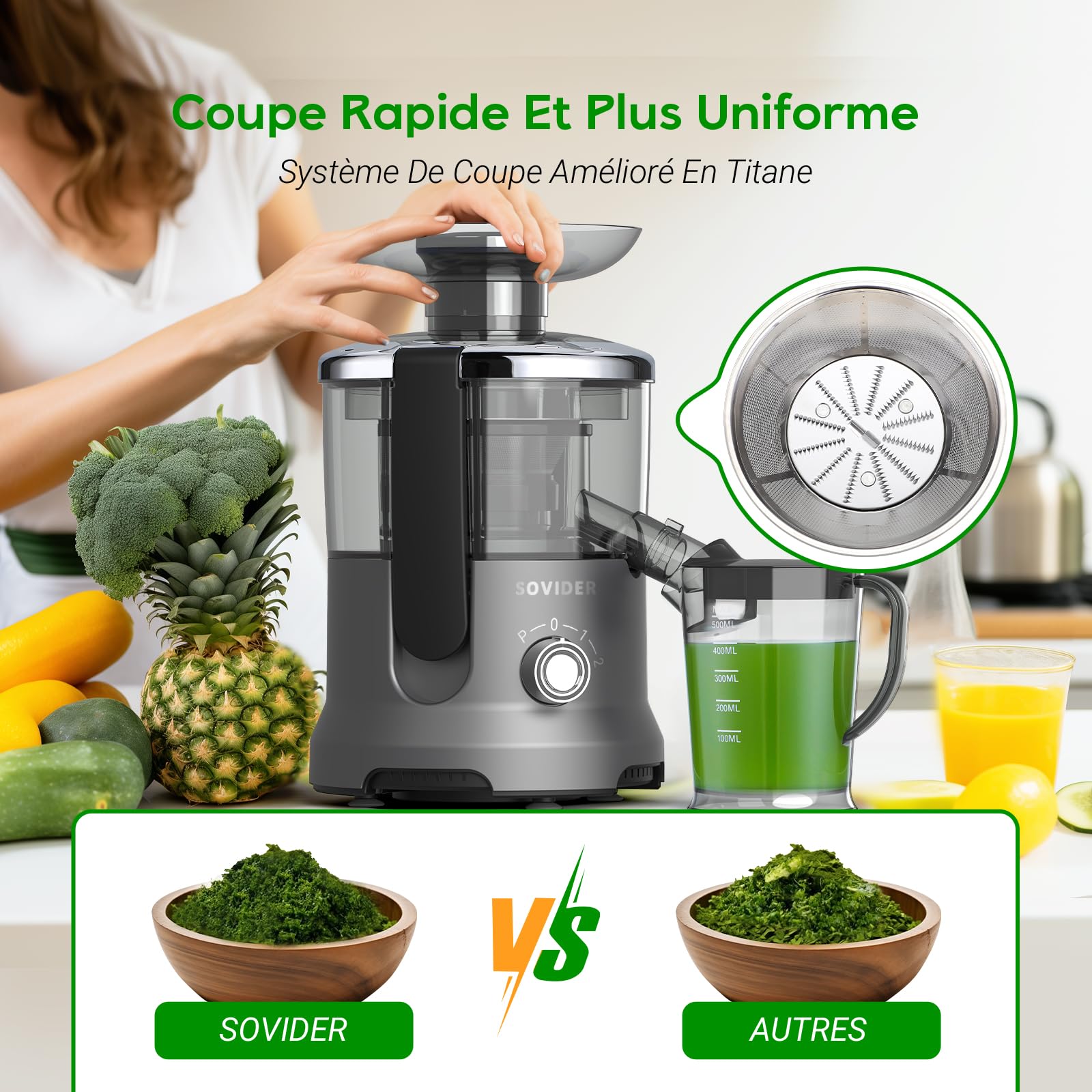 Centrifugeuse Extracteur de Jus, Centrifugeuse de Fruits et Legumes: 3 Vitesses, 600W Extraction Jus Rapide et Efficace | 76MM Large Bouche, Pieds Antidérapants, Anti-Goutte, Nettoyage Facile