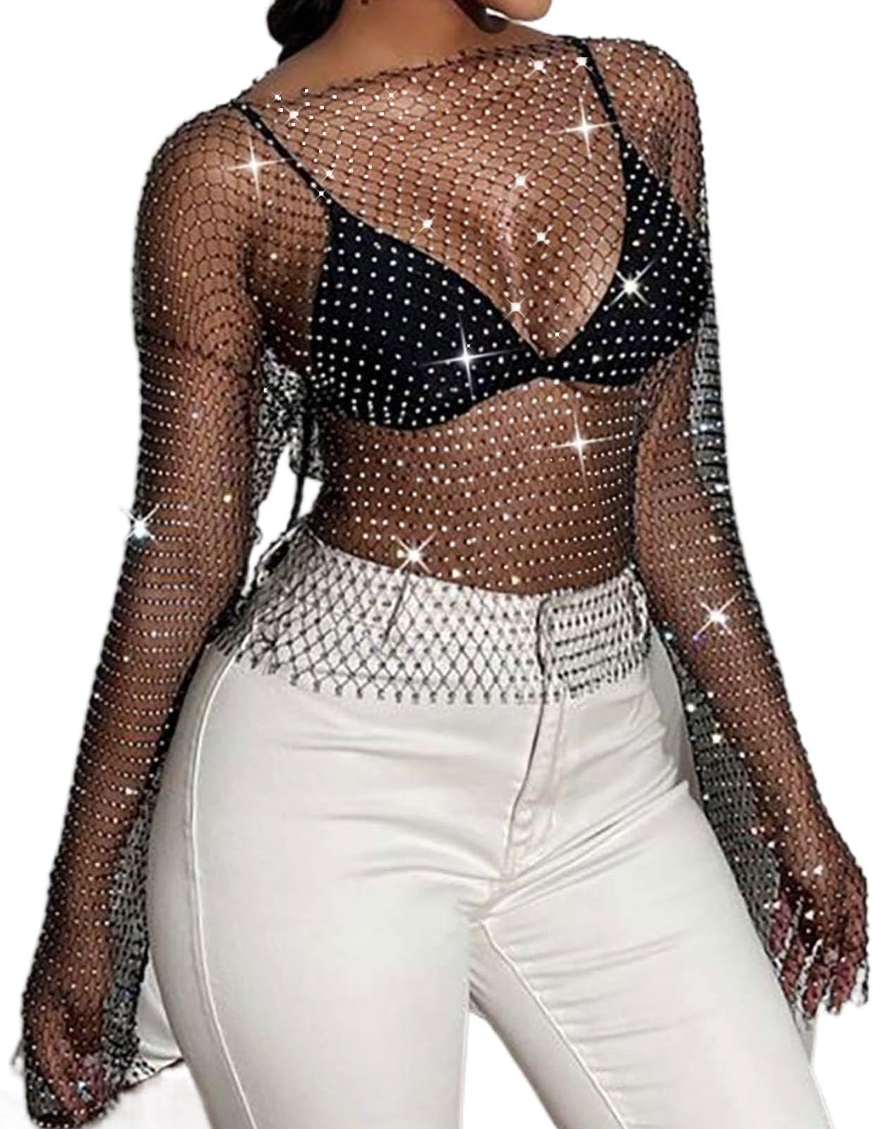 Black Fishnet Rhinestone Crop Top, Long Sleeve Mesh Glitter Party Festival Top for Women & Girls