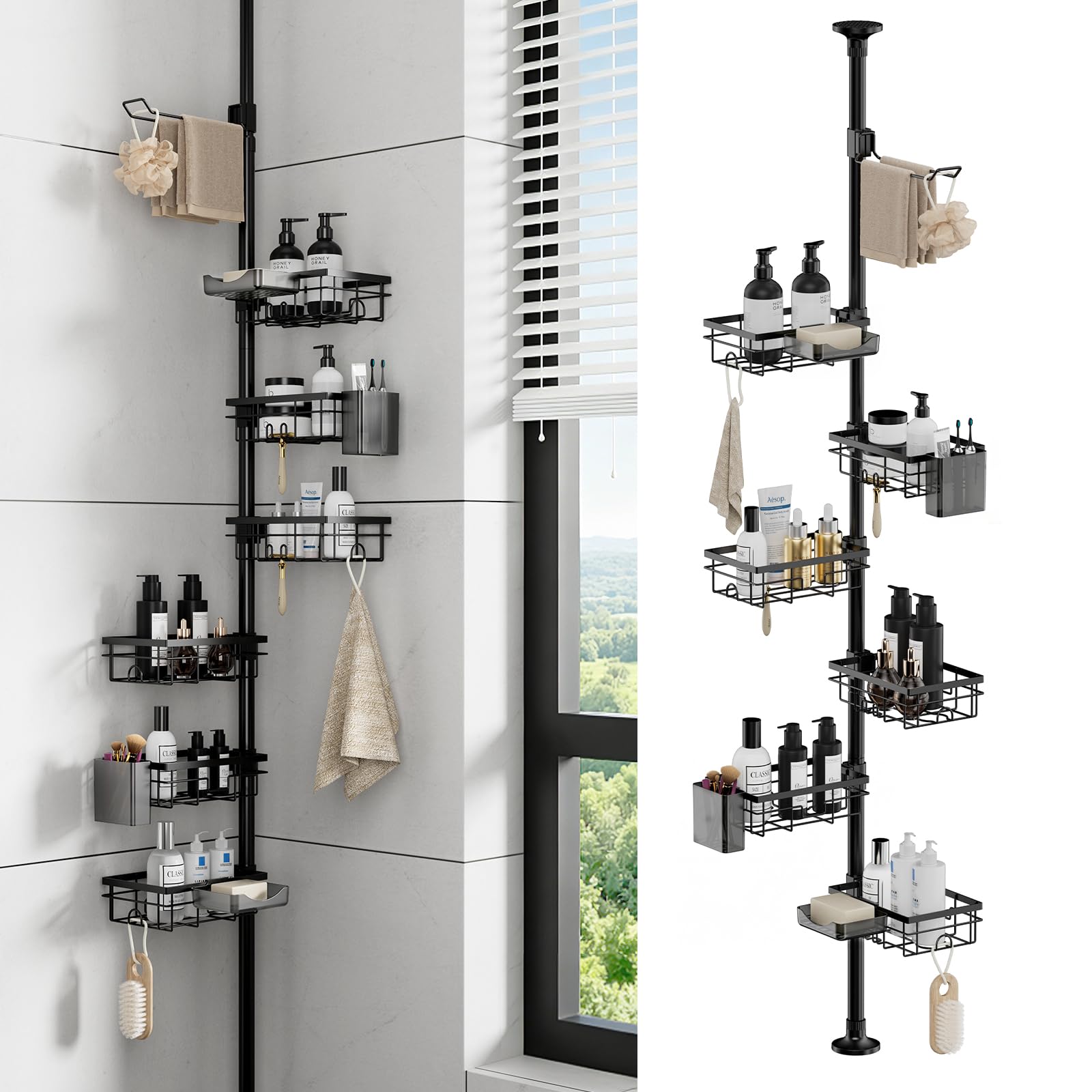 EXLECO Scaffale da doccia telescopico a 7 ripiani, senza foratura, 78 – 308 cm, antiruggine, scaffale angolare per bagno, porta asciugamani, portaspazzole, contenitore per sapone, nero