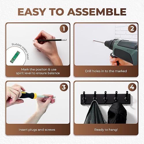 Miniatura 4 de Perchero de madera rústica para colgar abrigos, colgador de pared, ganchos dobles resistentes para colgar abrigos, chaquetas, toallas, sombreros,