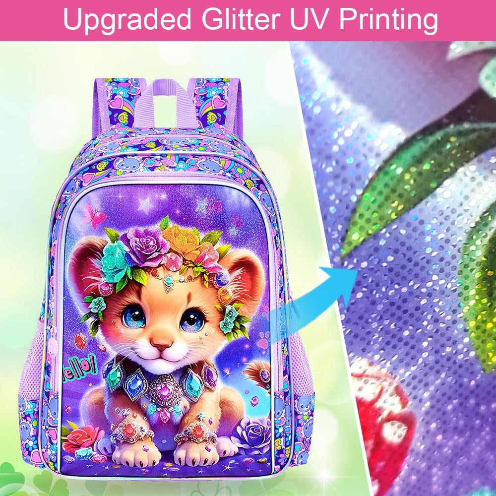 16" Leopard Backpack for Girls, 3Pcs Kids Bookbag for Elementary Preschool Kindergarten, School Backpacks with Lunch Box(Purple) - Image 7