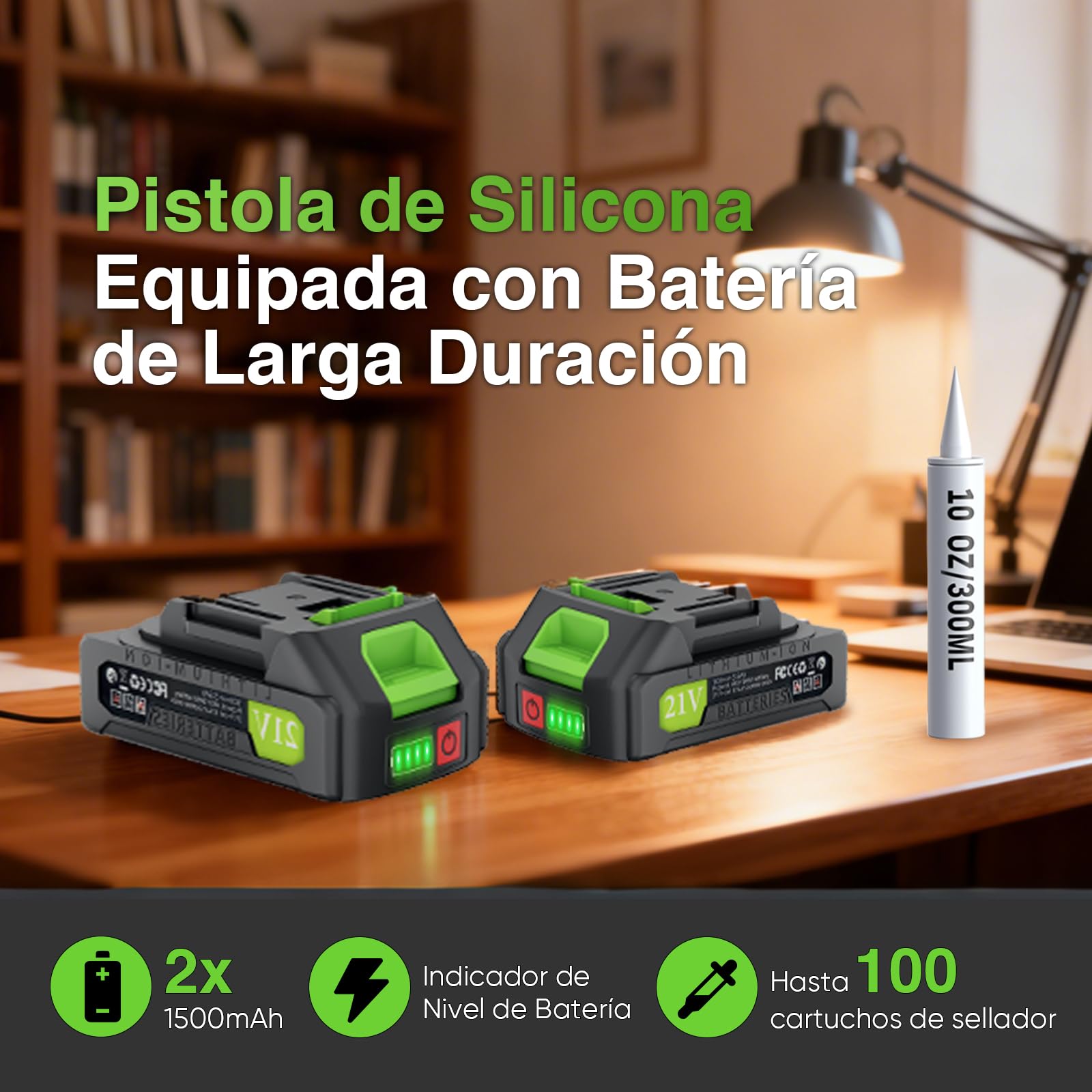 Pistola de cartuchos eléctrica con luz LED, regulación de velocidad continua, con dos baterías, para cartuchos de 280 ml-330 ml