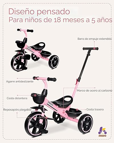Miniatura 4 de KRIDDO Triciclo 2 en 1 para niños de 18 meses a 5 años de edad, mango de empuje extendido para empujar sin esfuerzo, triciclo de regalo para niños