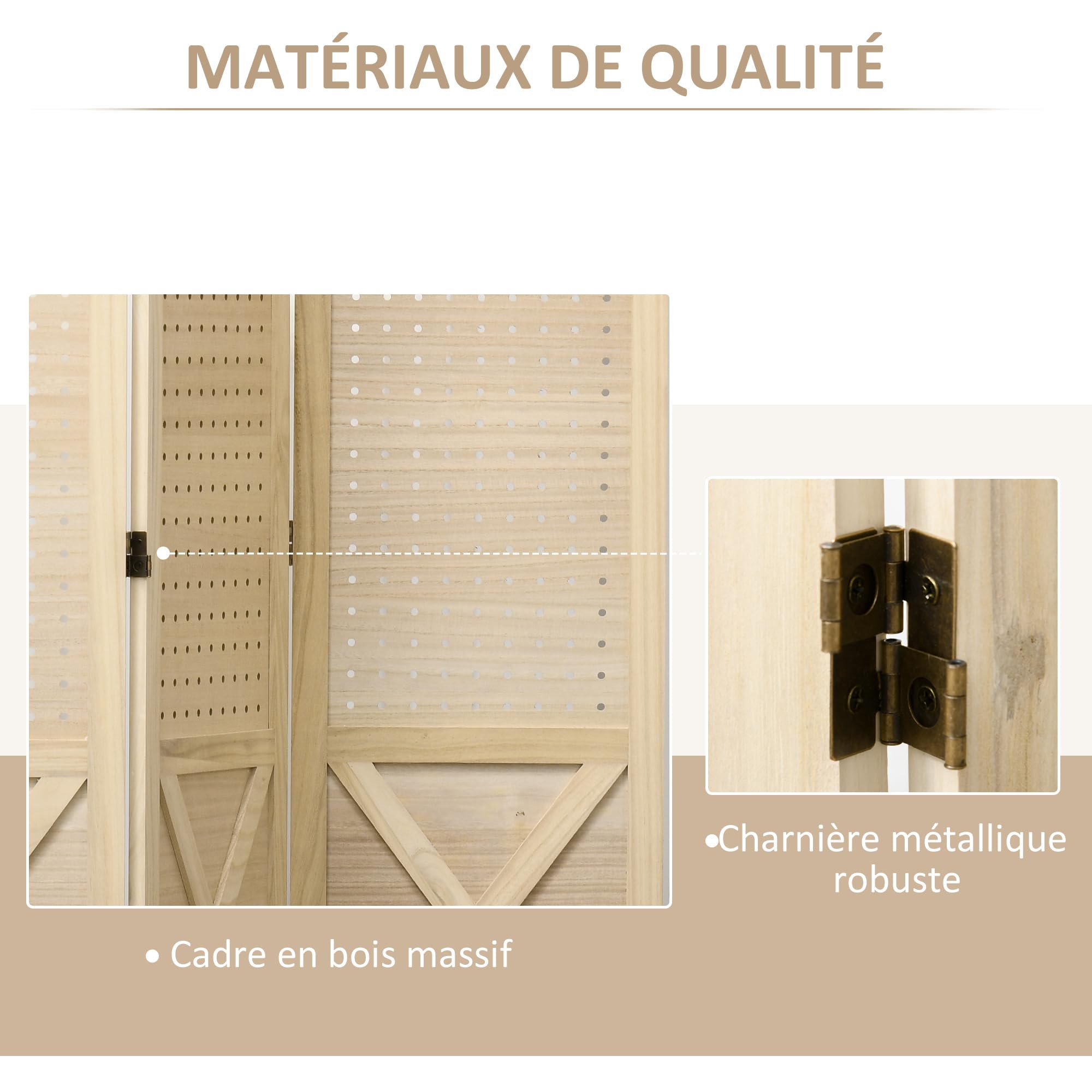 HOMCOM Paravent Intérieur en Bois 4 Panneaux 152 x 144,5 cm Bois Naturel | Panneau Perforé, Séparateur de Pièce Pliable, pour Salon, Chambre à Coucher, Maison