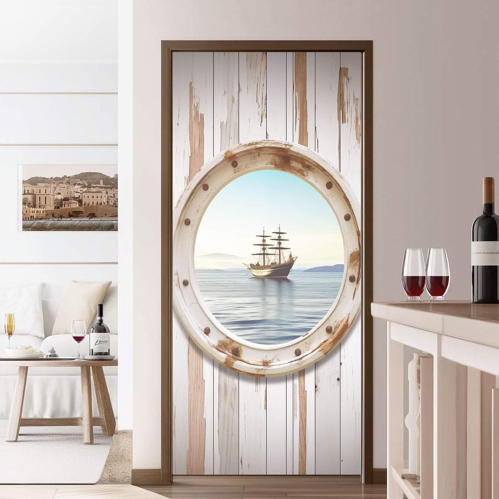 Vintage naklejka na drzwi okno łódź 95 x 215 cm plakat na drzwi naklejki ścienne, samoprzylepna naklejka ścienna deski żaglowe ocean, do sypialni, salonu, kuchni, łazienki, jasnoszary