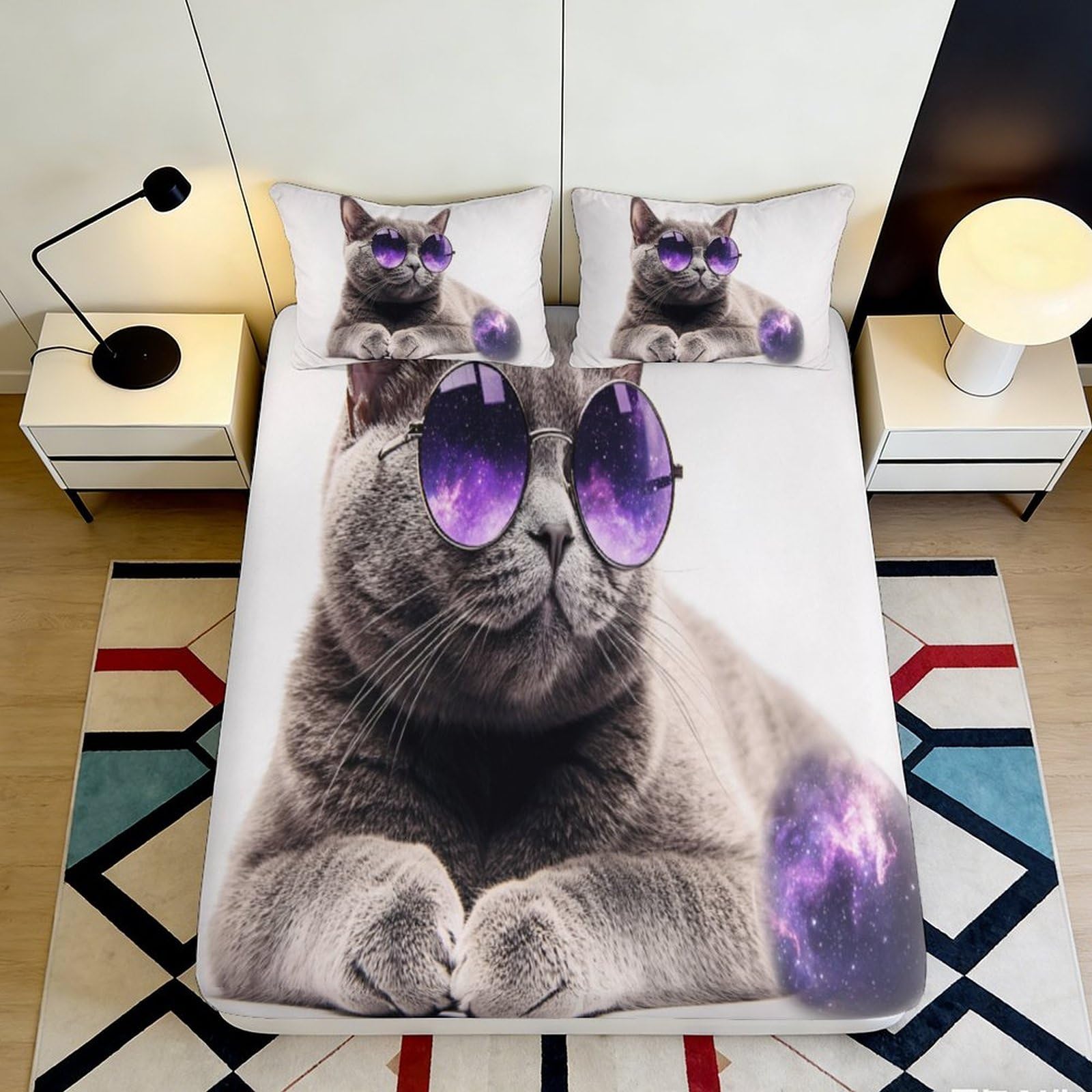 3D Printed Cat with Sunglasses Fitted Sheet Microfiber Soft Breathable Pop Art Bed Cover for Bedroom Guest Room Decor 90x200x25cm