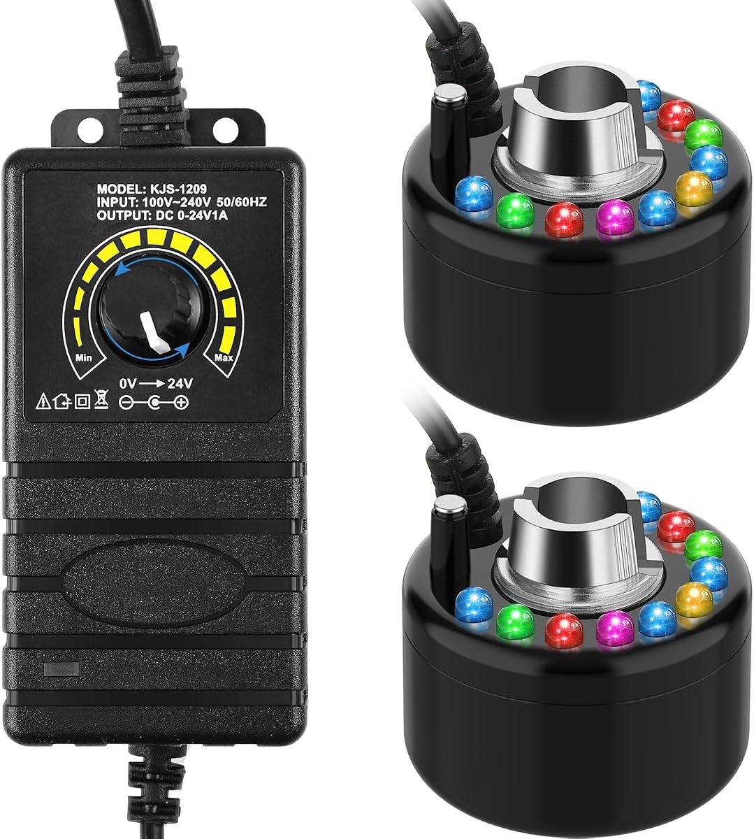 2 Pcs Mist Maker Fogger Small Ultrasonic Fog Machine Fountain Halloween Party Cauldron Water Garden Pond Plastic LED Mister Foggers with Adjustable Fog Controller