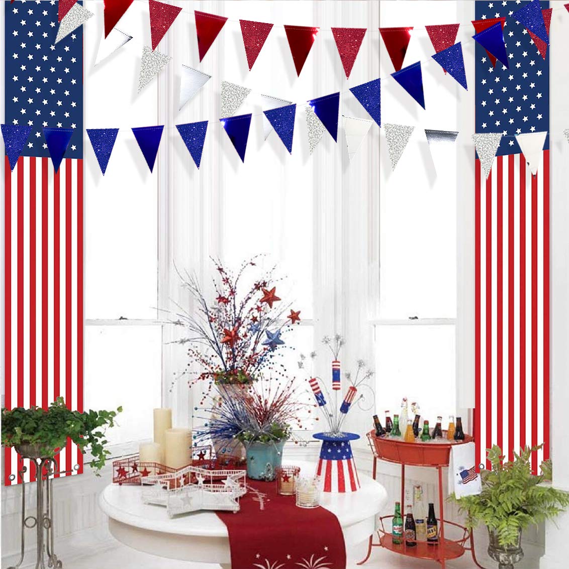 Wimpelkette aus Papier, 9,1 m, Rot, Silber, Blau, Dreieck, Wimpelkette zum Aufhängen, Papierflagge, Girlande für den 4. Juli, amerikanischer Unabhängigkeitstag, USA, Nationaltag, patriotischer