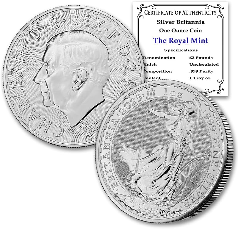 2025-1 oz British Silver Britannia £ 2 Vendedor BU | Brillante sin circular con certificados de autenticidad