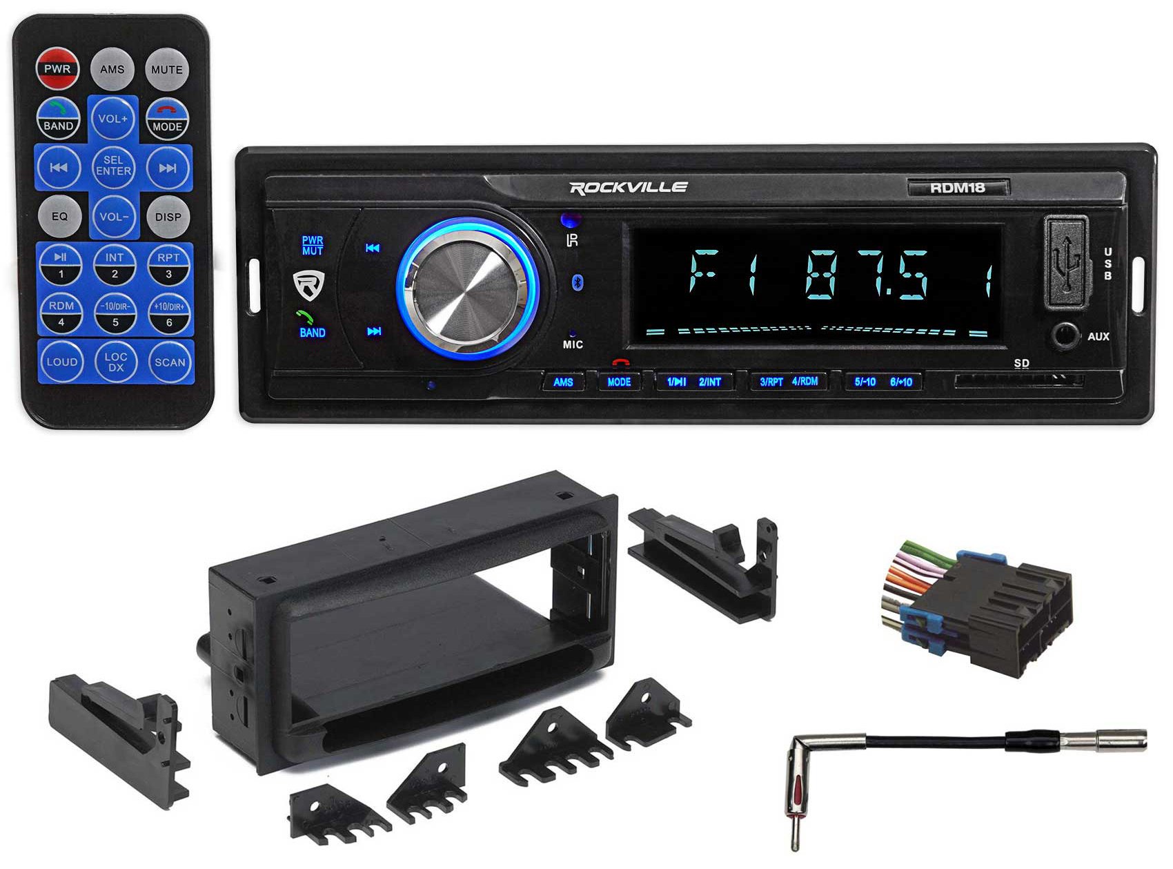Audiosavings Bundle: Rockville RDM18 V2 In-Dash Car Digital Media Bluetooth USB/SD Receiver Bundle with 99-4000 Radio Install kit, 70-1858 Radio Wiring Harness, 40-GM10 Radio Antenna Adaptor (4 items)